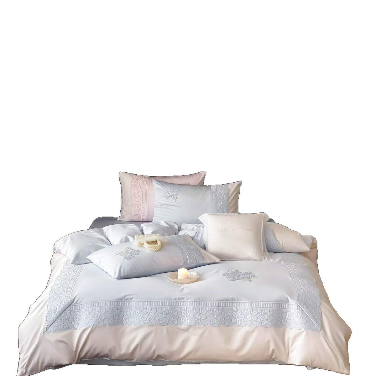 Besticktes Luxus-Baumwollsatin-Bettwäsche-Set mit floraler Spitzenverzierung