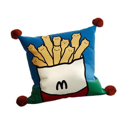 Decorative Cartoon Fries-Cats Square Throw Pillow Cover with Pom-Pom Tassel Corners
