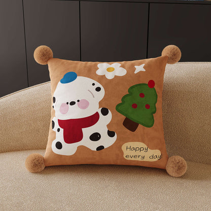 Decorative Square Throw Pillow Cover with Pom-Pom Corners and Cartoon Dog Illustration
