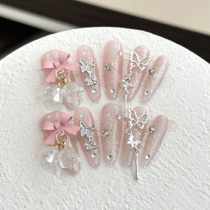 Dekoratives Strass- und Schleifen-Press-On-Nagelset