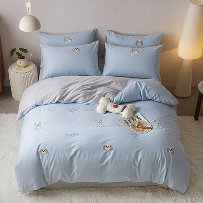 Niedliches besticktes Bettwäsche-Set mit Hunde-Applikationen und Wendefunktion