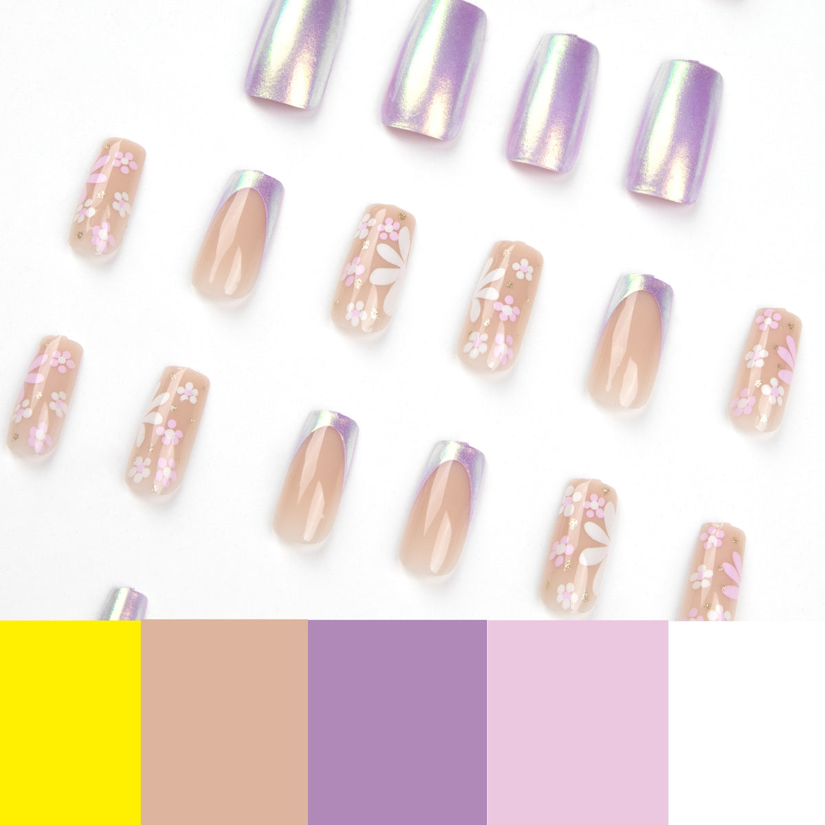 Künstliche Nagelkunst mit floralen Mustern und Glanz Brehn