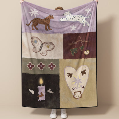 Patchwork Illustrated Plush Throw Blanket with Fleece Backing and Whimsical Animal Panels