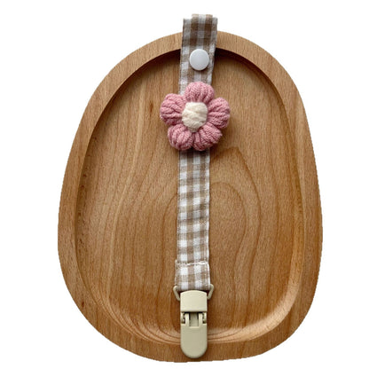 Gingham Leinen-Stil Häkelblumen Schnuller und Beißring Clip