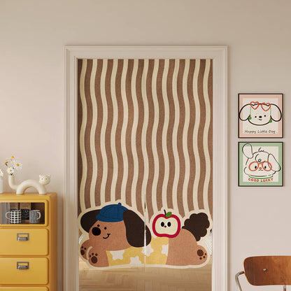 Split Noren Door Curtain Linen-Blend Dachshund Pattern Privacy Panel