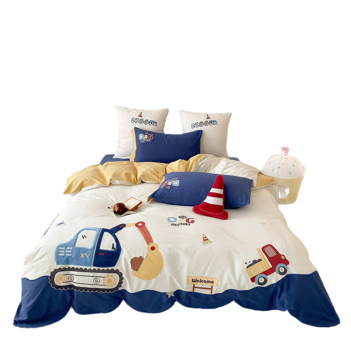 Baufahrzeug Baumwollsatin Bettbezug Set mit Kissenbezügen und gewelltem Saum