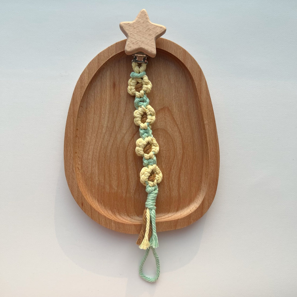 Baumwolle Häkelblumen Schnuller und Beißring Clip mit Holz Herz Sicherheitsclip
