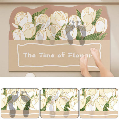 Absorbent Non-Slip Entrance Doormat with Tulip Illustration and 'The Time of Flowers' Typography