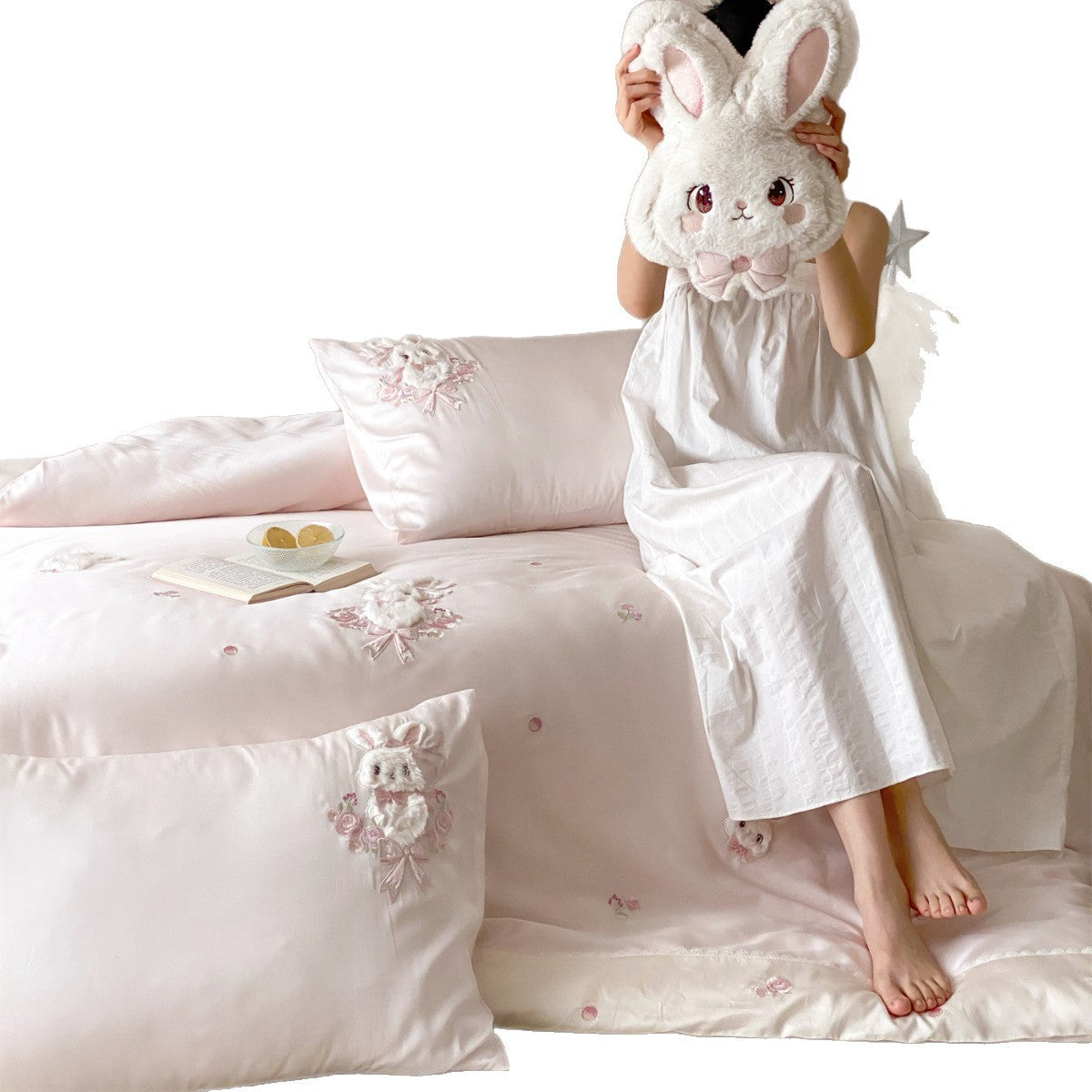 Bestickte Satin Floral Bunny Bettwäsche Bezug Set