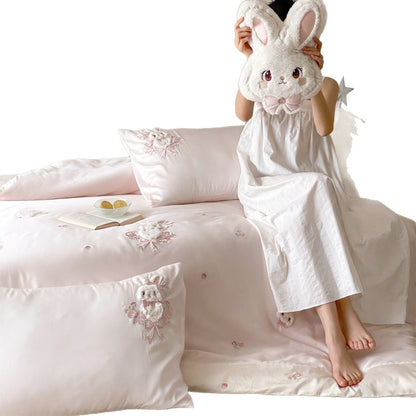 Bestickte Satin Floral Bunny Bettwäsche Bezug Set