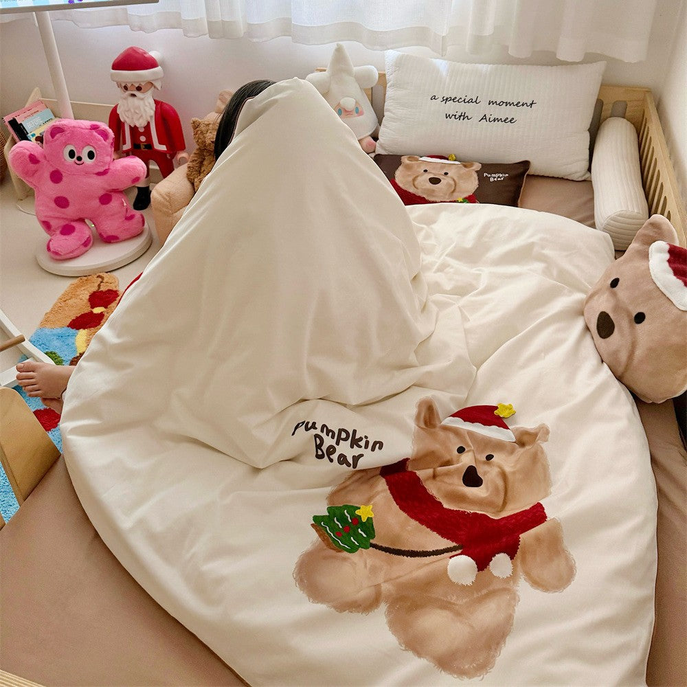 Kinder-Bettwäsche-Set mit kuscheliger Plüschapplikation und Teddybär-Kürbismotiv
