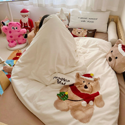 Kinder-Bettwäsche-Set mit kuscheliger Plüschapplikation und Teddybär-Kürbismotiv