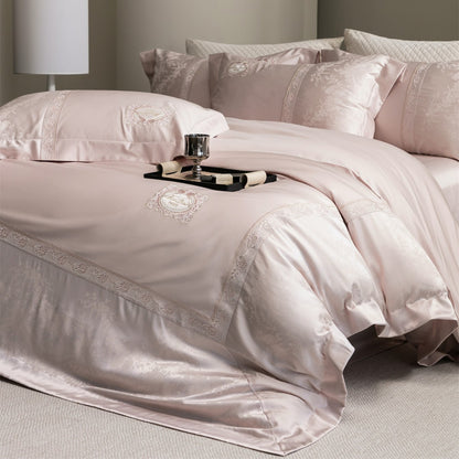 Luxuriöses Besticktes Satin-Jacquard Bettbezug-Set mit Medaillon und Spitzenrand