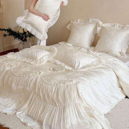 Luxe Falten Voile & Jacquard Rüschenduvet Ensemble mit Volant Euro Kissenbezügen