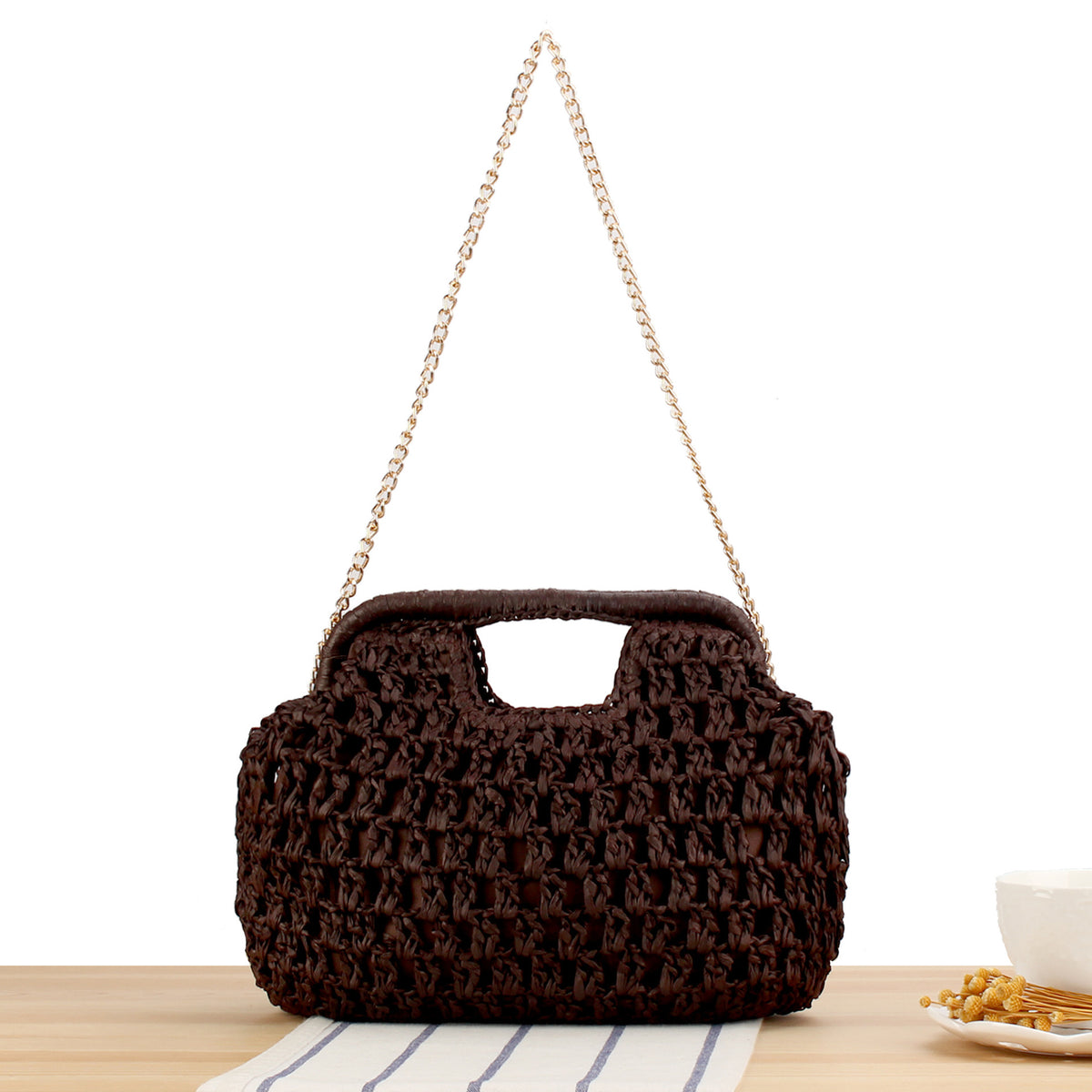 Strandschultertasche Aus Natürlichem Geflecht mit Eleganter Kettenverzierung Brehn