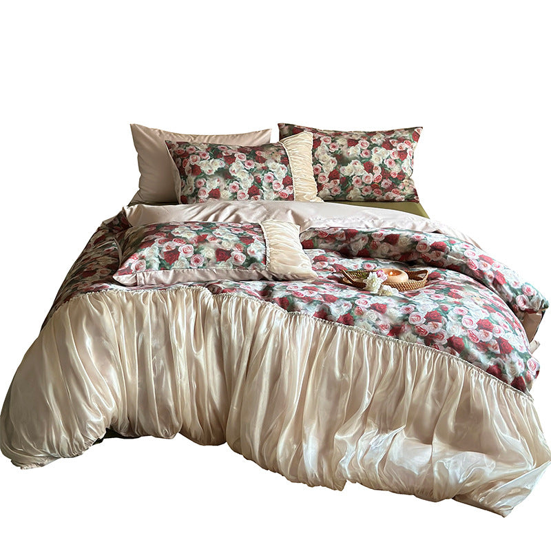 Luxuriöses Satin-Bettwäsche-Set mit Rosenmuster und gerafftem Bettrock