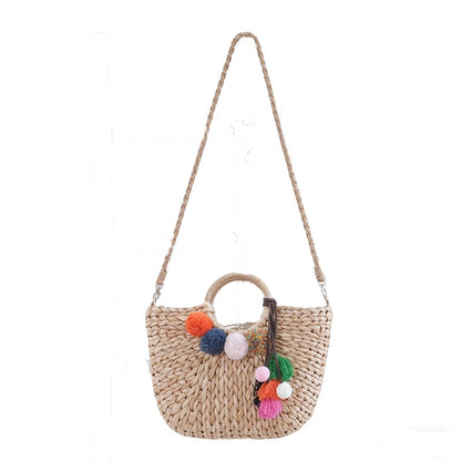 Korbtasche mit Bunten Pompons Brehn