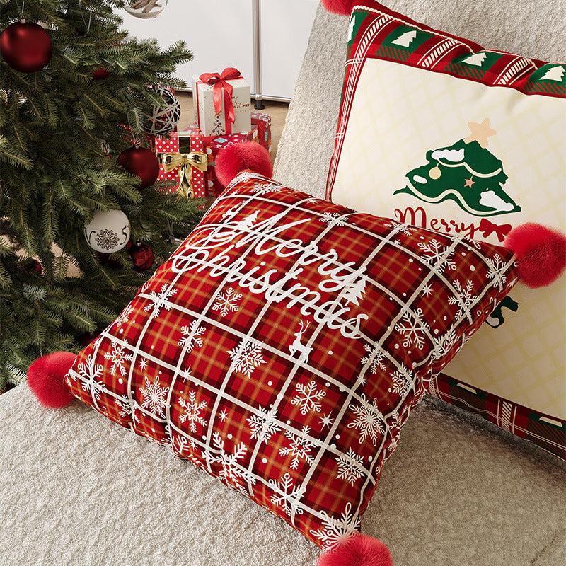 Festive Plaid Pom-Pom Corner Decorative Christmas Throw Pillow Cover