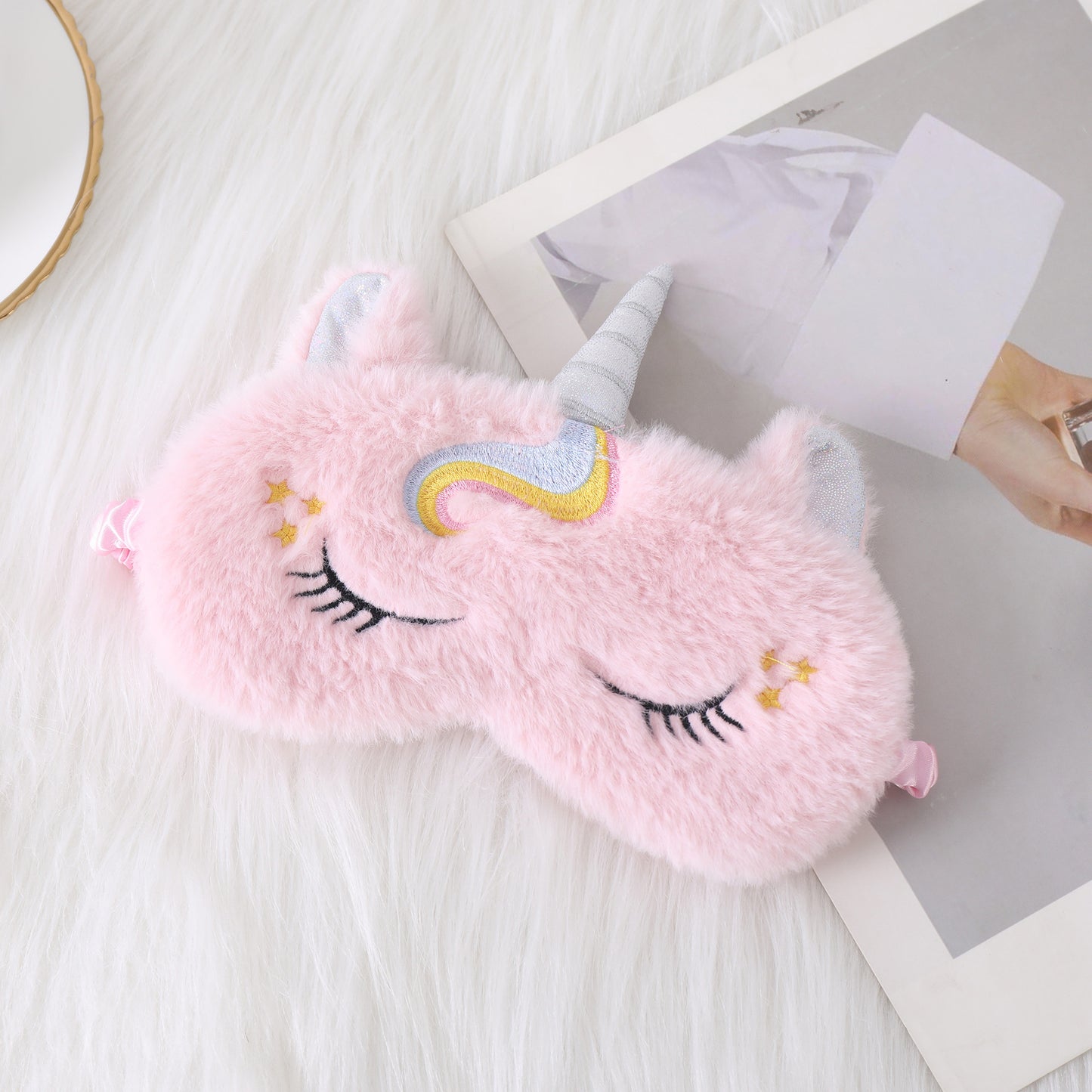 Damen nan kuschelige Einhorn-Schlafmaske mit gestickten Wimpern, weichem Plüsch und elastischem Rüschenband Brehn
