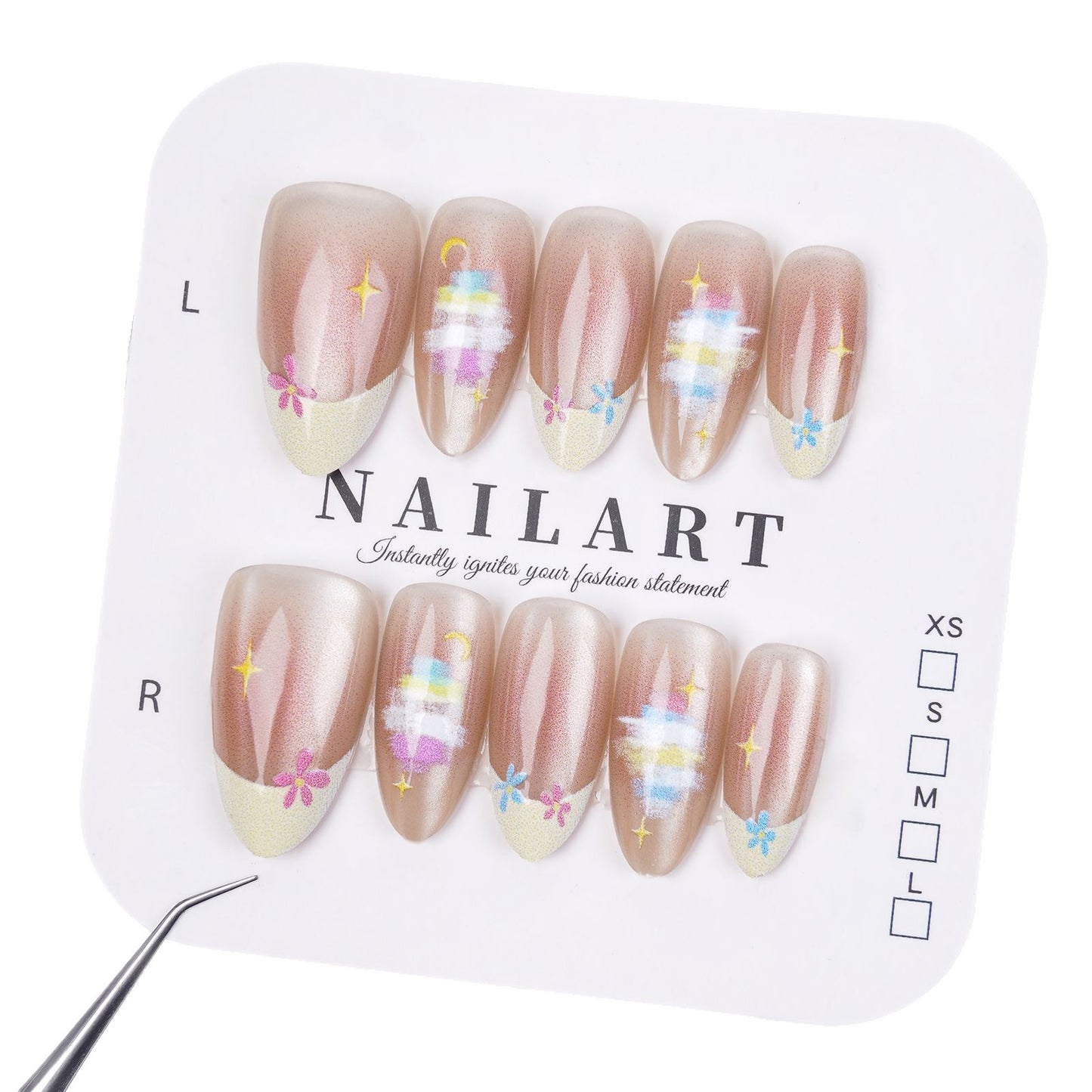 Künstlerisches Press-On Nagelset mit floralem und Glitzerdesign Brehn