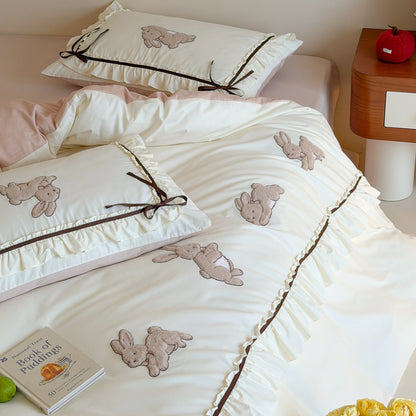 Rüsch-Applikation Hase Baumwolle Bettbezug Set mit Satin-Band Kissenbezüge