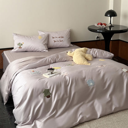 Verspielte Stickerei Satin-Feel Bettbezug & Laken Set