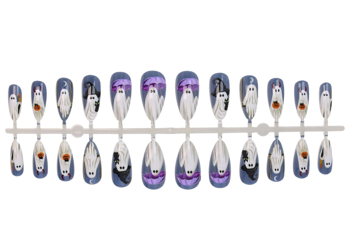 Halloween Kunstnagelset mit gruseligen Geister- und Kürbisdesigns Brehn