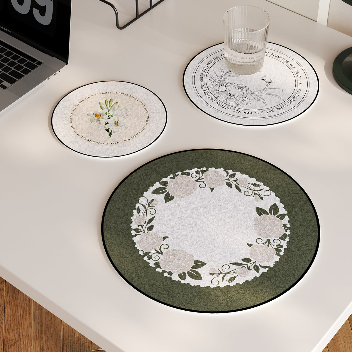 Round Decorative Leather-Look Drink Coaster with Embossed Floral Wreath