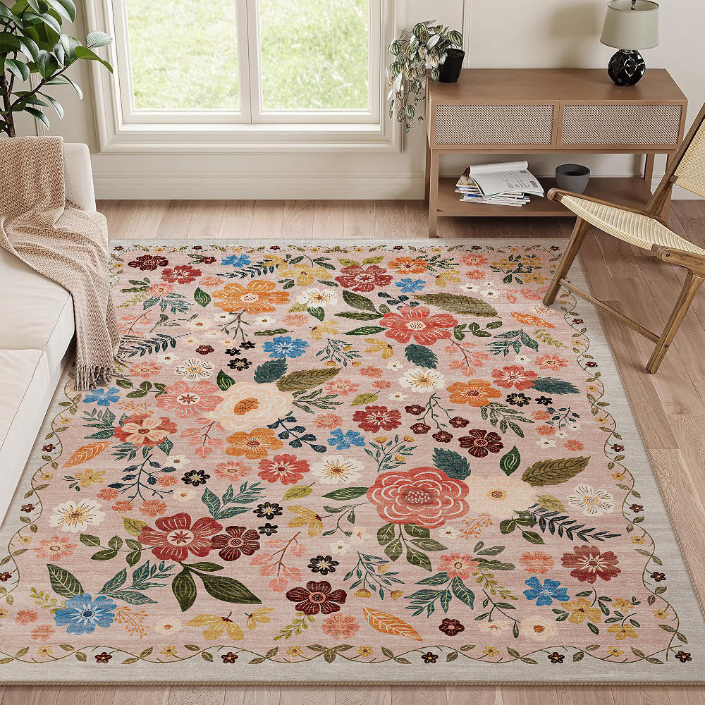 Large Floral Printed Low-Pile Machine-Woven Area Rug with Stain-Resistant Finish