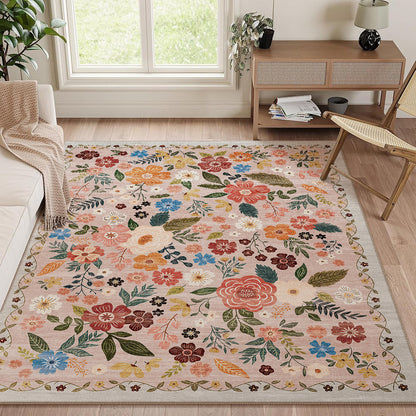 Large Floral Printed Low-Pile Machine-Woven Area Rug with Stain-Resistant Finish