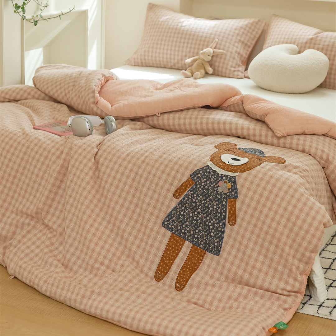 Kinder Stepp-Gingham Bettbezug Set mit Applikationsbär-Motiv