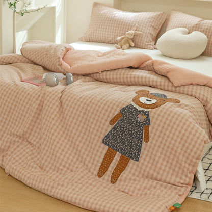 Kinder Stepp-Gingham Bettbezug Set mit Applikationsbär-Motiv