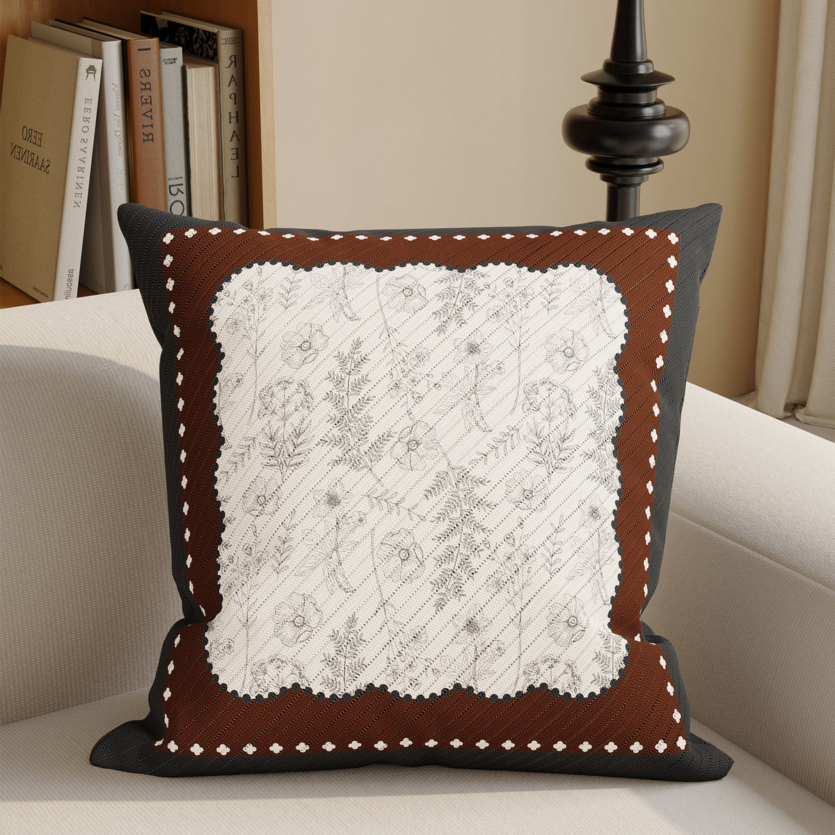 Quilted Square Decorative Pillow Cover with Scalloped Lace-Style Floral Center and Textured Contrast Border