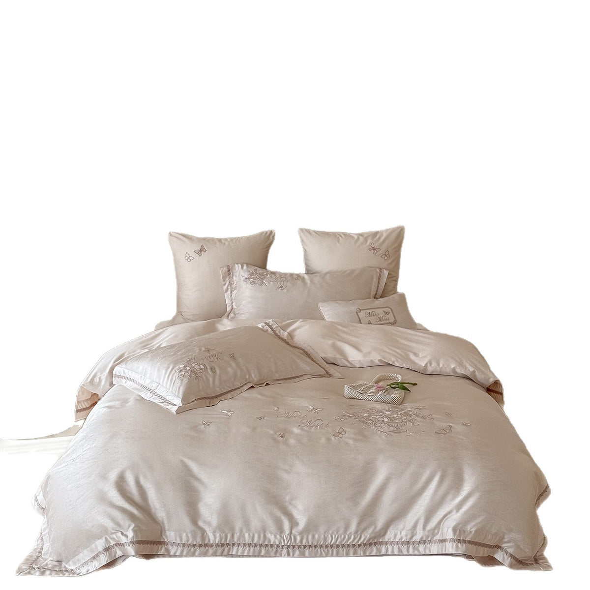 Bestickte Satin-Mischung Bettdeckenbezug Bettwäsche Set mit Rüschensaum und dekorativen Kissenbezügen