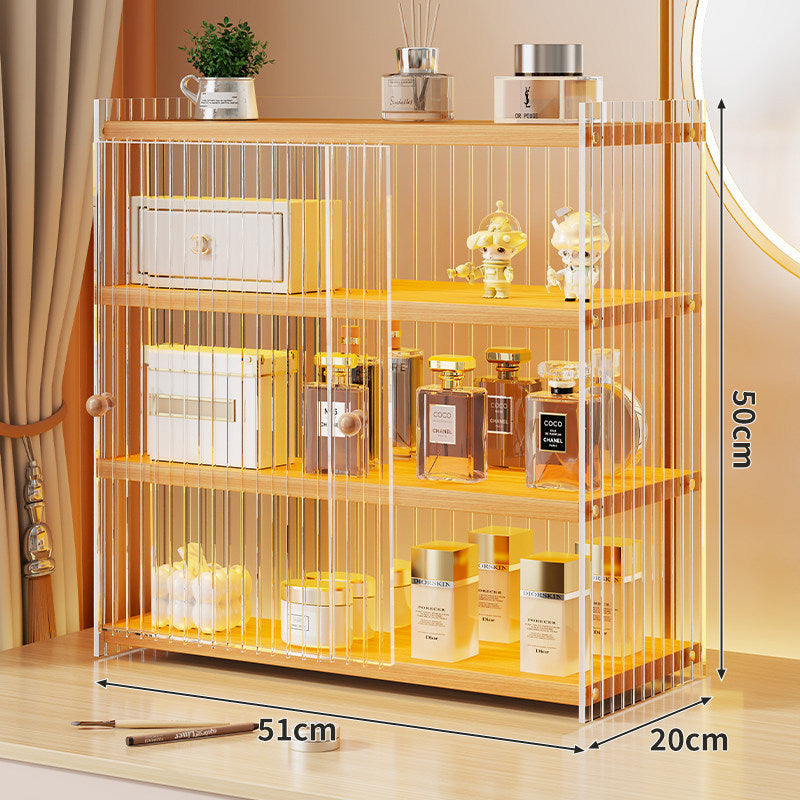 Mehrerebenen-Acryl-Parfüm- und Make-up-Displayregal mit schiebbaren Türchen mit goldenen Verzierungen