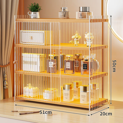 Mehrerebenen-Acryl-Parfüm- und Make-up-Displayregal mit schiebbaren Türchen mit goldenen Verzierungen