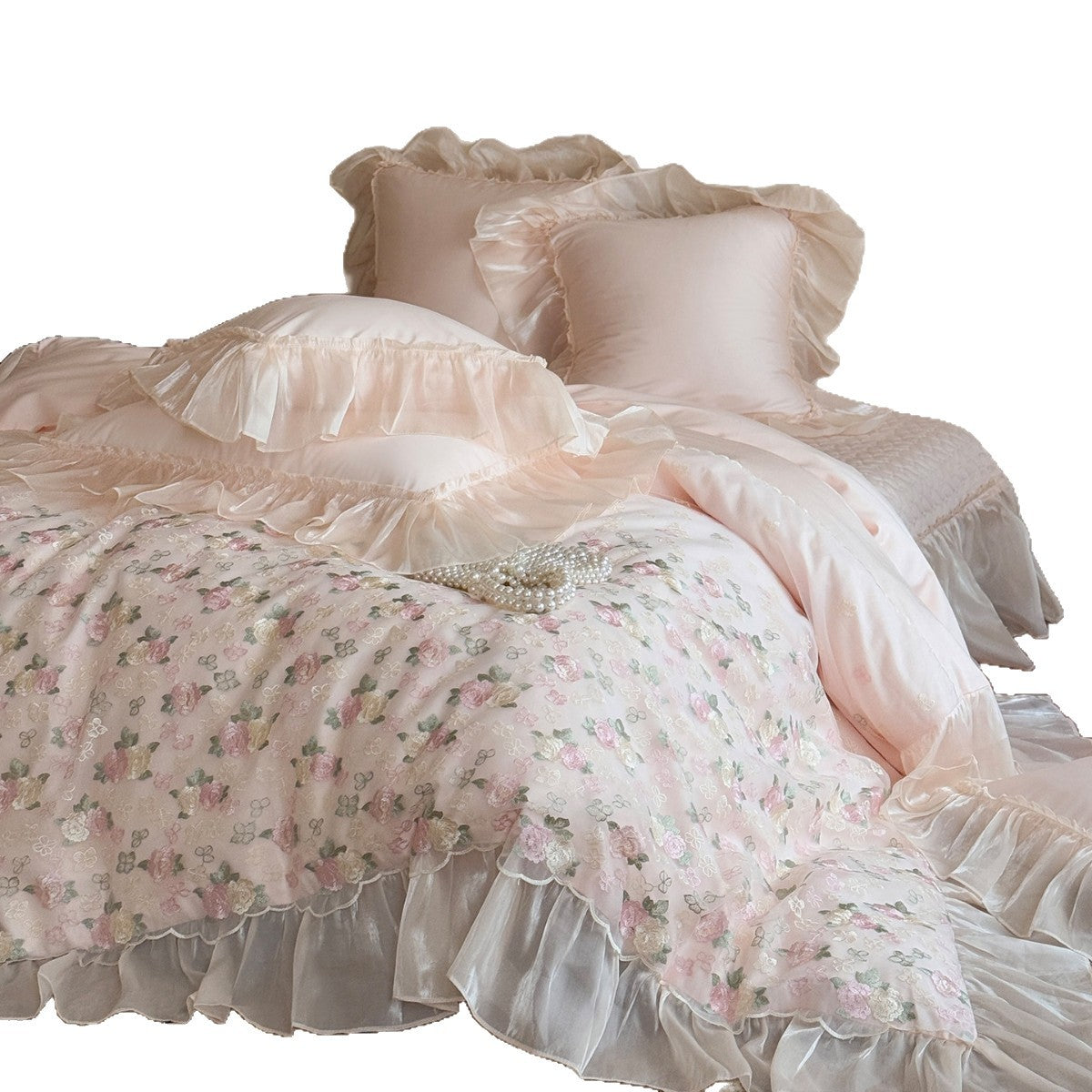 Vintage Floral Bestickte Rüschene Bettbezug & Organza Tagesdecke Ensemble