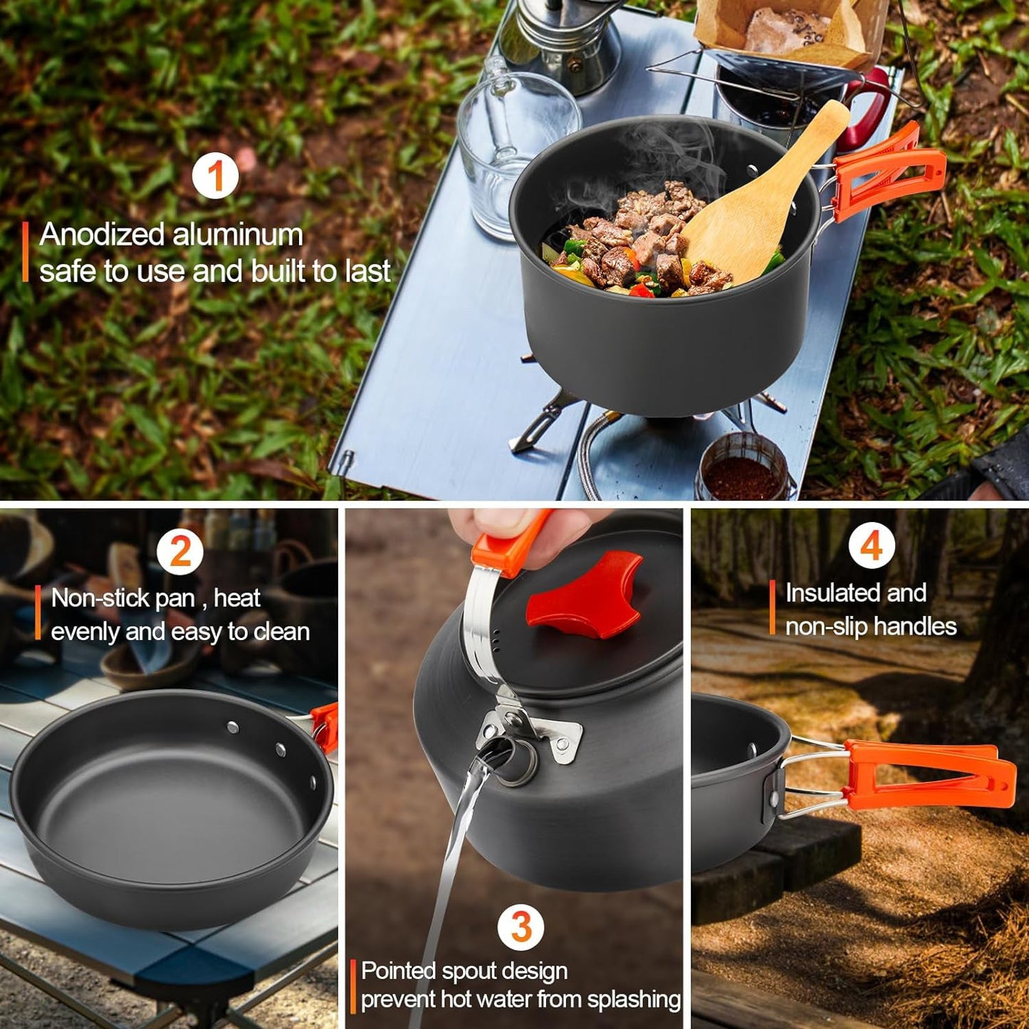 leichtes, antihaftbeschichtetes, anodisiertes Aluminium Campinggeschirrset mit einem Topf und Wasserkocher mit klappbarem Griff, zusammenklappbaren Silikontassen, Edelstahltellern und Besteck Brehn