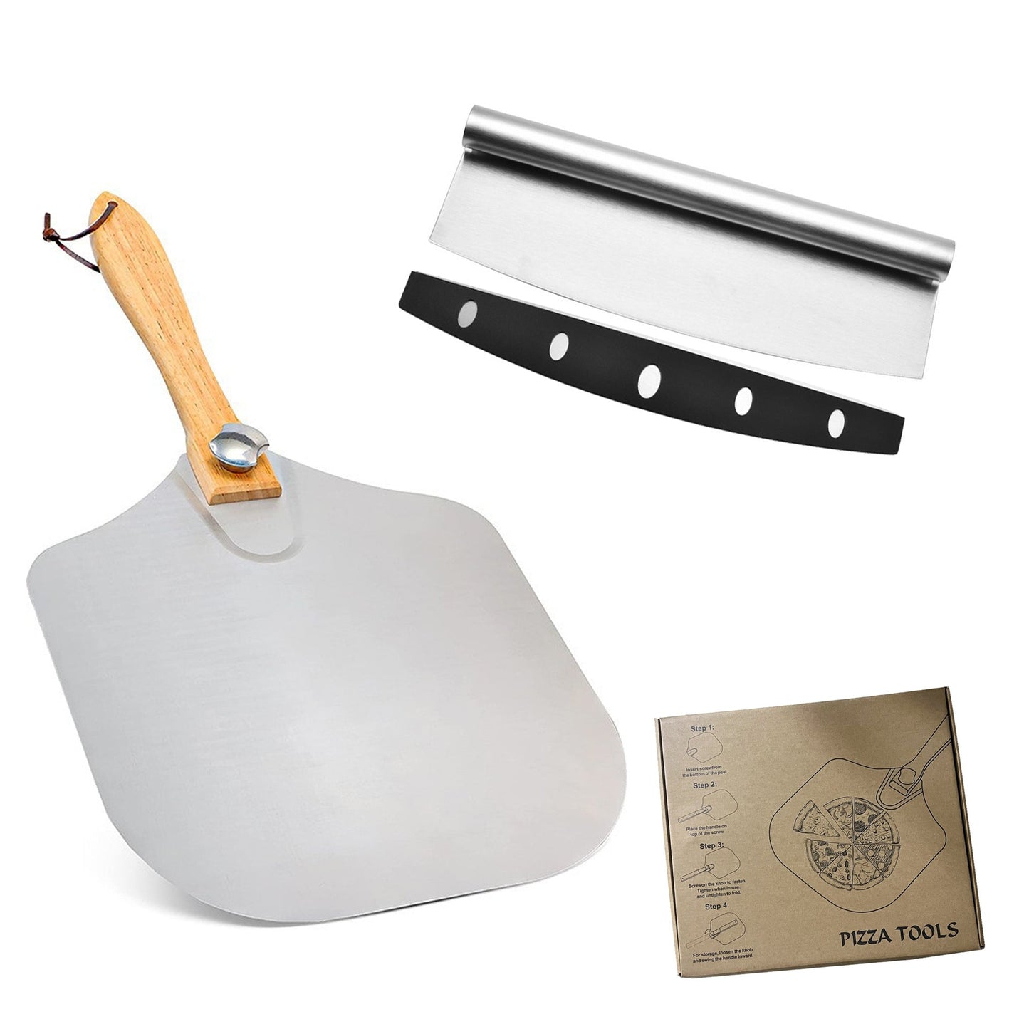 professionelles Pizzaschieber-Set mit klappbarem Edelstahlschaufel ergonomischem Holzgriff Pizzaschneider Rocker und Teigschaber Brehn