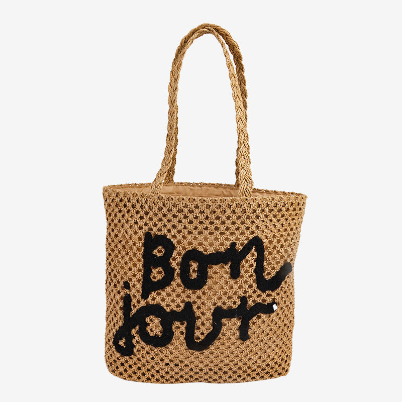 Damen Handgefertigte Strohtasche mit trendy Schriftzug Brehn