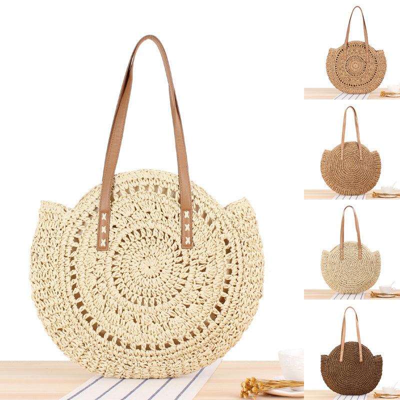 Runde Strohtasche mit Ledergriffen Brehn