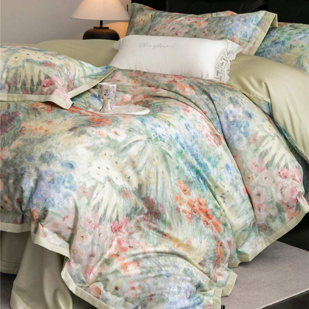 Luxus Aquarell Floral Gebürstet Mikrofaser Bettbezug Set mit Paspelbesatz