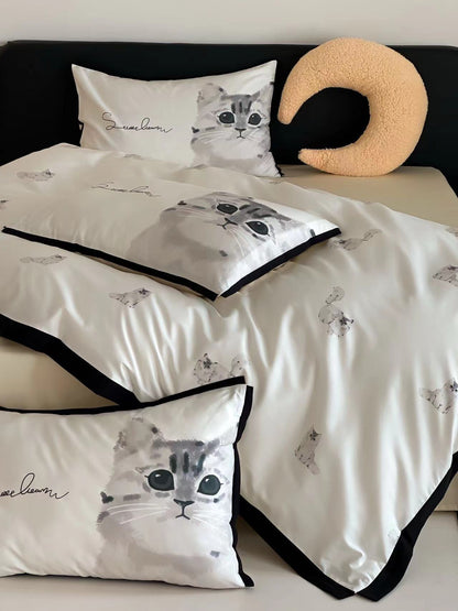 Baumwollsatin-Bettbezug-Set mit Aquarell-Katzenmotiv und kontrastierender Paspel