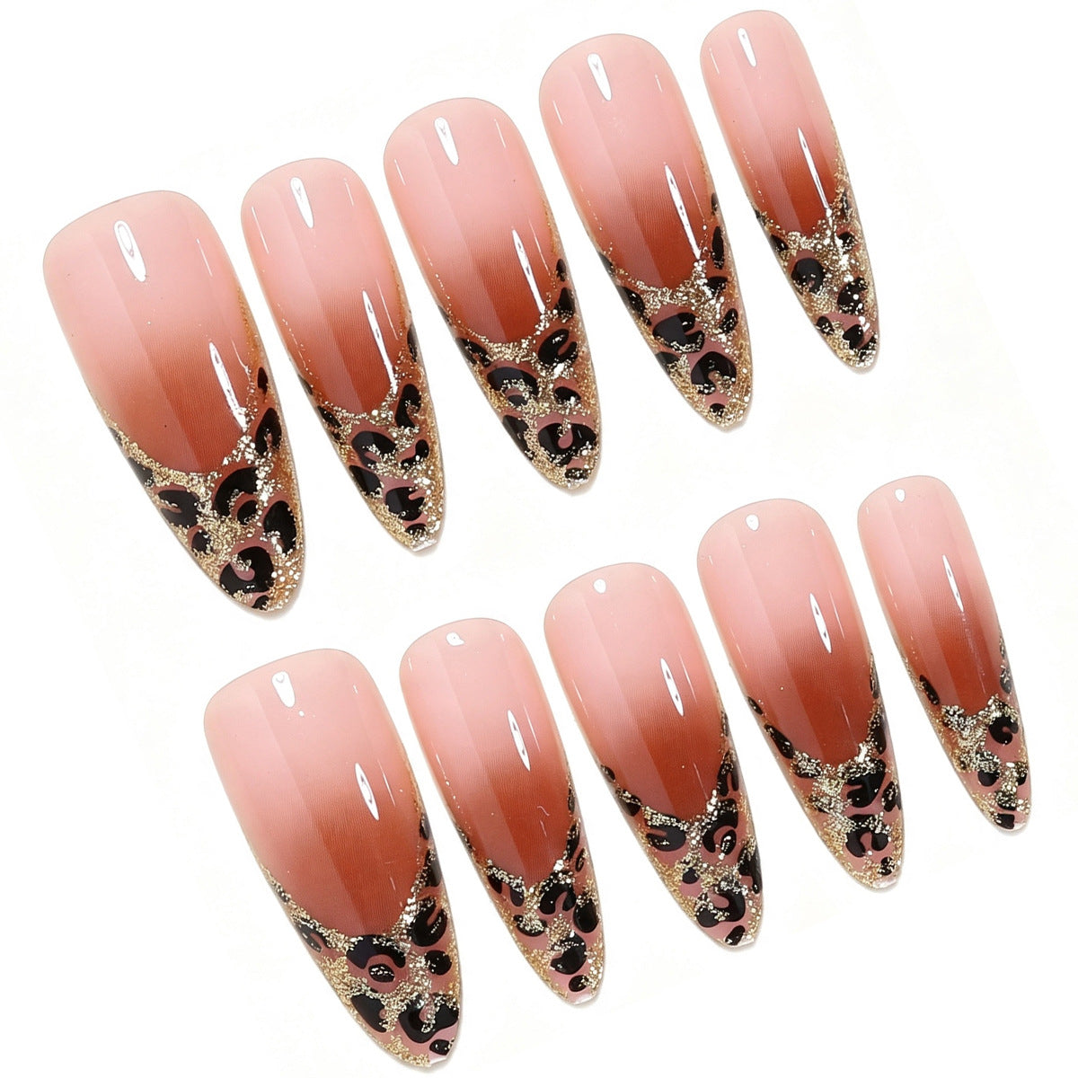 Elegantes Stiletto-Nagelkunstset mit Gold- und Leopardenakzenten Brehn