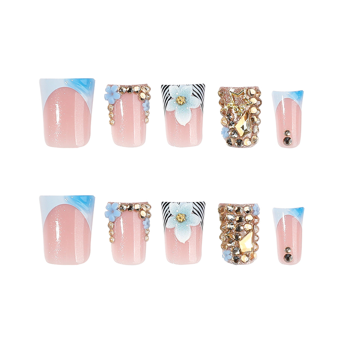 Kunstvolle Nagelverlängerungen mit Floral-Design und Glitzer Brehn