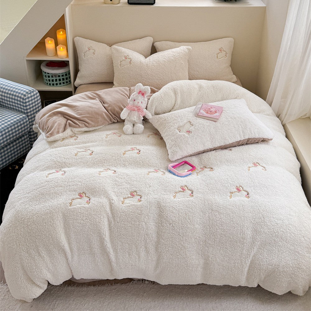 Plüsch Sherpa Kaninchen bestickte Bettdecke Set