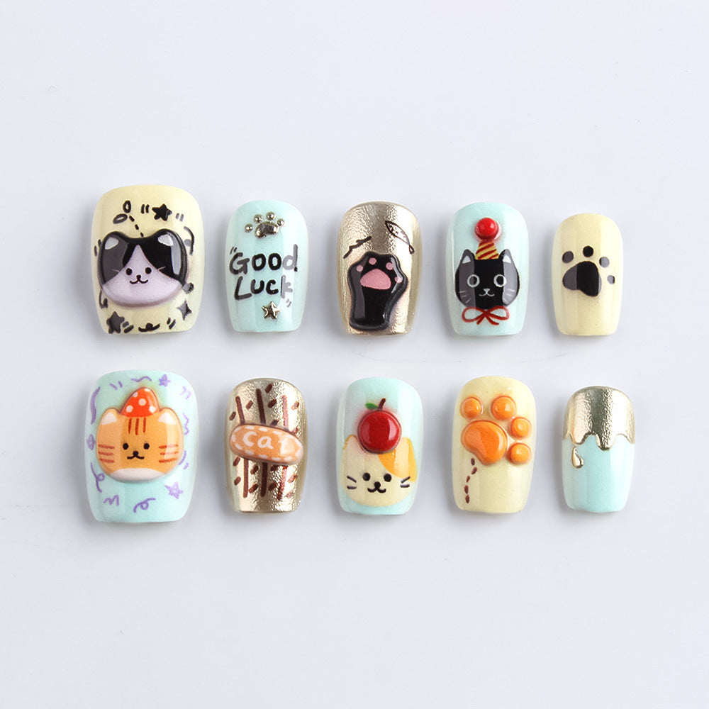Verspielte katzenmotivierte Press-On Nagelkunst Brehn