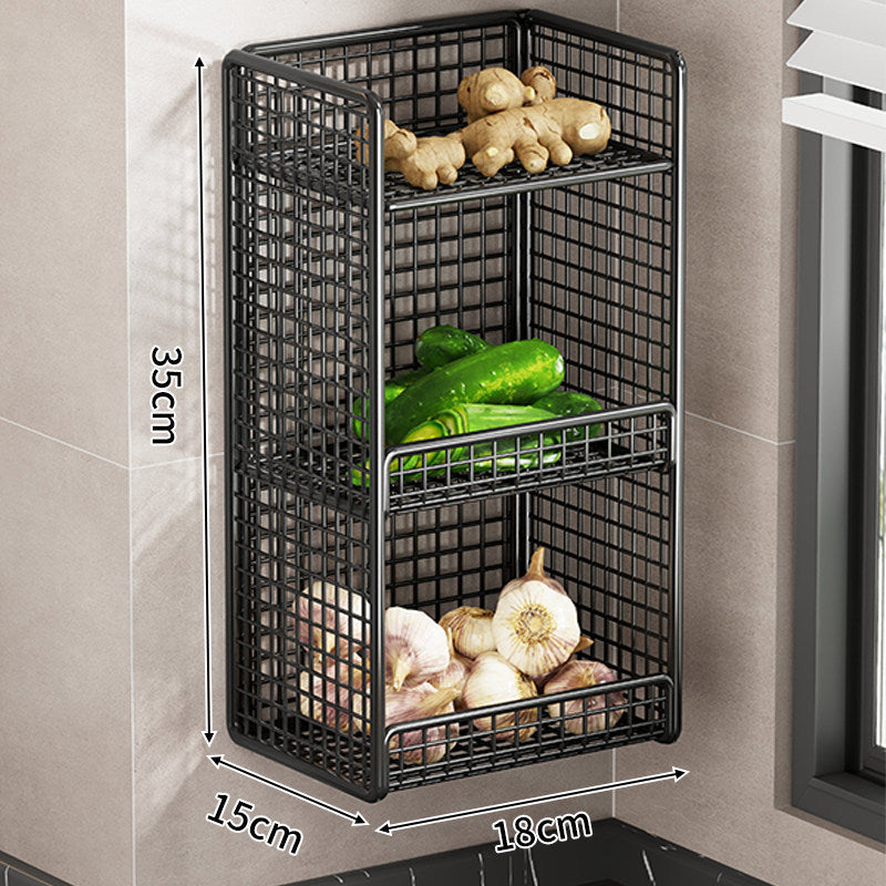 Wandmontierter dreistufiger Mesh-Küchenorganizer mit seitlichem Utensilienfach