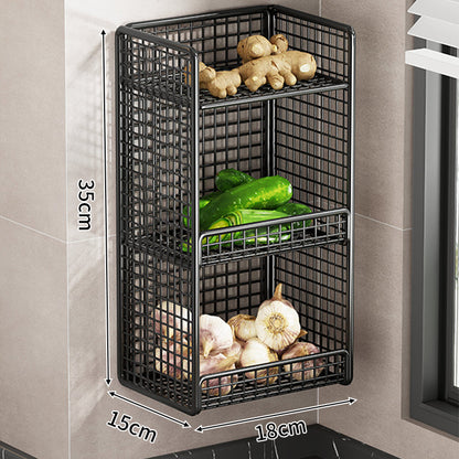Wandmontierter dreistufiger Mesh-Küchenorganizer mit seitlichem Utensilienfach