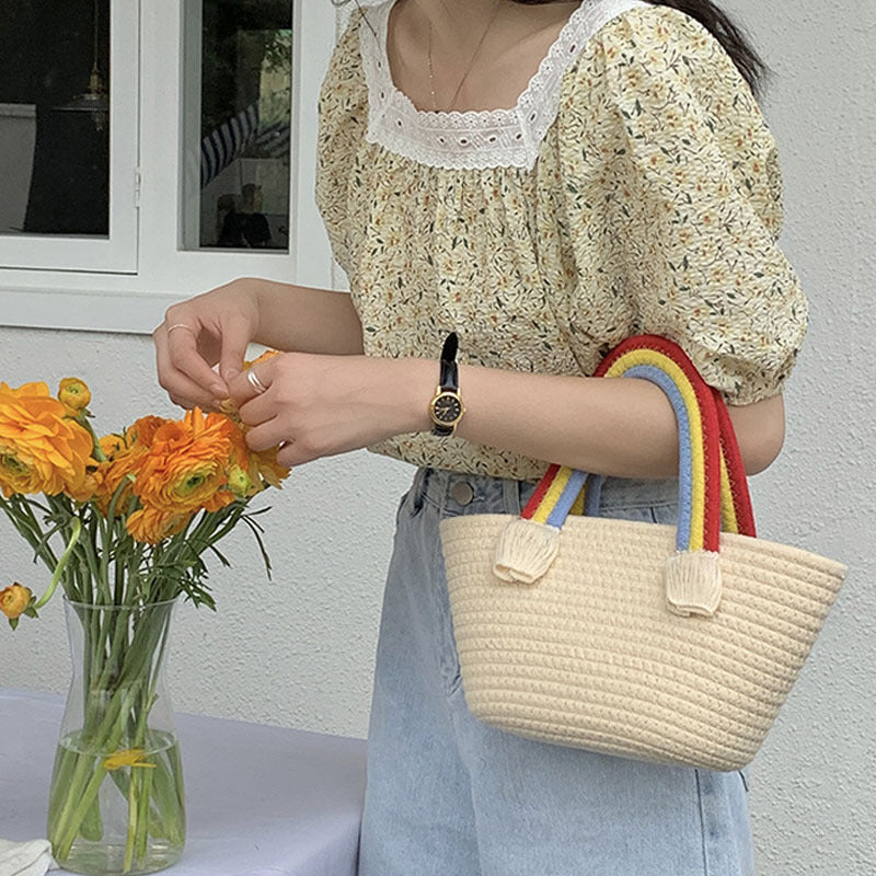 Damen Korbtasche mit buntem Regenbogenhenkel Brehn